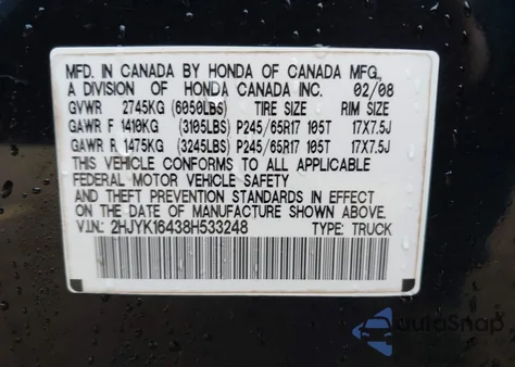 2008 Honda Ridgeline Rts from USA, damaged, VIN 2HJYK16438H533248